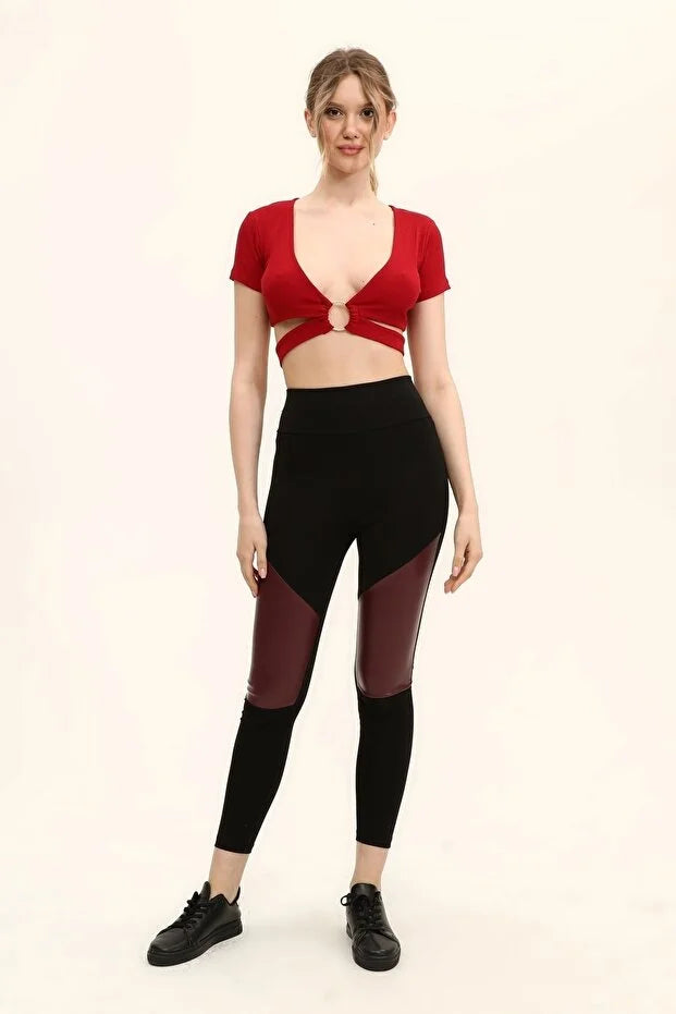 Kadın Bordo Renkli Ön Halka Ve Şeritli Crop Top