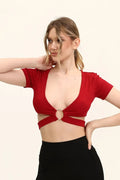 Kadın Bordo Renkli Ön Halka Ve Şeritli Crop Top