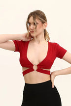 Kadın Bordo Renkli Ön Halka Ve Şeritli Crop Top