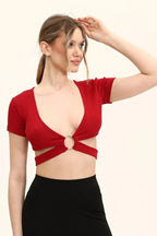 Kadın Bordo Renkli Ön Halka Ve Şeritli Crop Top