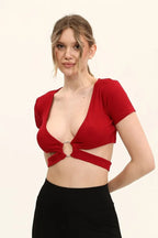 Kadın Bordo Renkli Ön Halka Ve Şeritli Crop Top