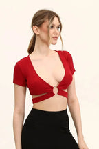 Kadın Bordo Renkli Ön Halka Ve Şeritli Crop Top