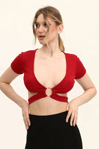 Kadın Bordo Renkli Ön Halka Ve Şeritli Crop Top