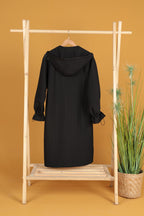 Deri Kumaş Garni Detay Jakar Kadın Trençkot-Siyah