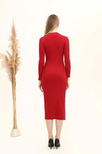 Kadın Bordo Renkli Yarım Balıkçı Tek Taraf Yırtmaçlı Elbise