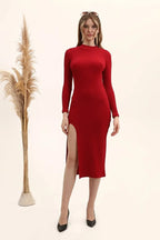 Kadın Bordo Renkli Yarım Balıkçı Tek Taraf Yırtmaçlı Elbise