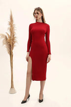 Kadın Bordo Renkli Yarım Balıkçı Tek Taraf Yırtmaçlı Elbise