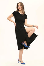 Kadın Renkli Belden Oturma Eteği Yırtmaçlı Salaş Elbise