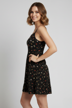 İp Askılı Çiçek Desenli Siyah Krep Mini Elbise