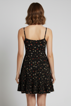 İp Askılı Çiçek Desenli Siyah Krep Mini Elbise