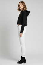 Kadın Siyah Kapüşon İçi Desenli Astar Etek Ucu Yırtmaçlı Crop