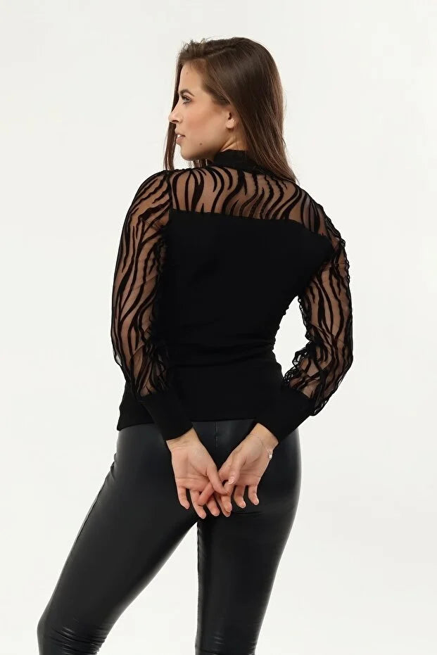 Kadın Kollar Flog Baskılı Tül Detaylı Bluz