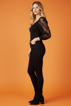 V Yaka Büzgülü Dantel Balon Kol Siyah Viskon Bluz