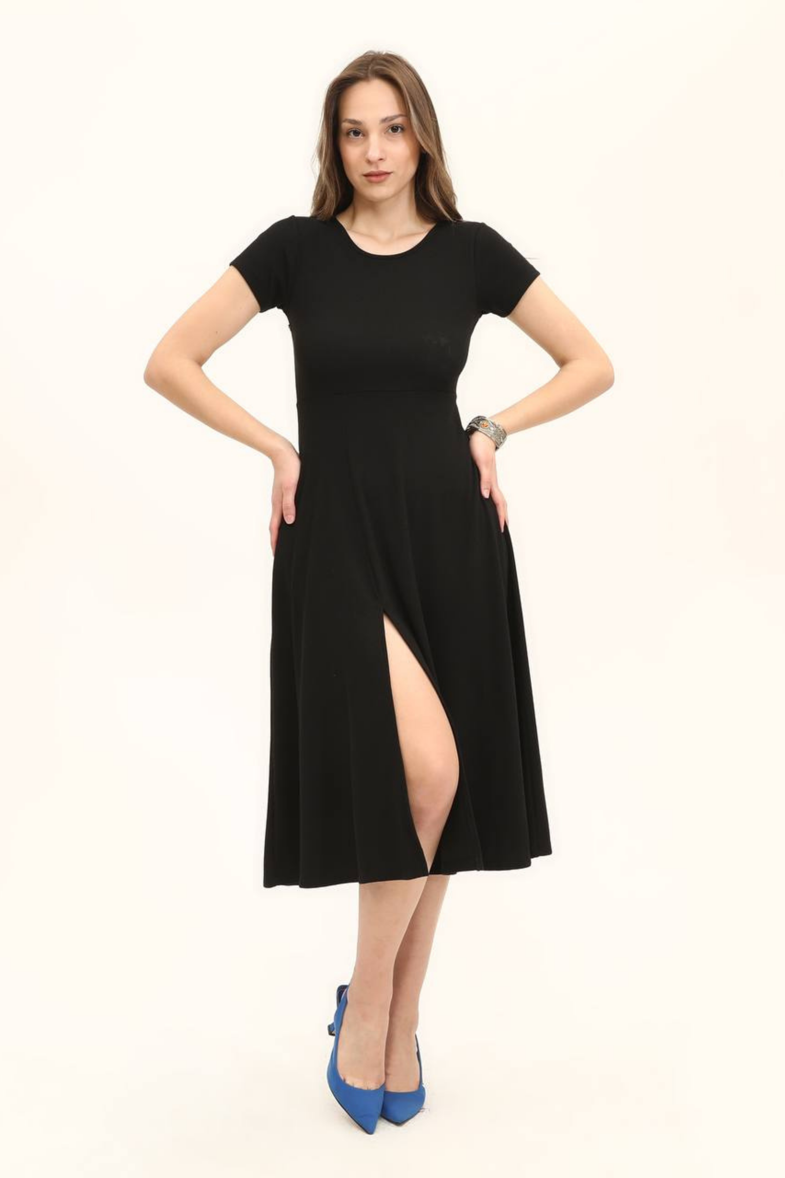 Kadın Renkli Belden Oturma Eteği Yırtmaçlı Salaş Elbise