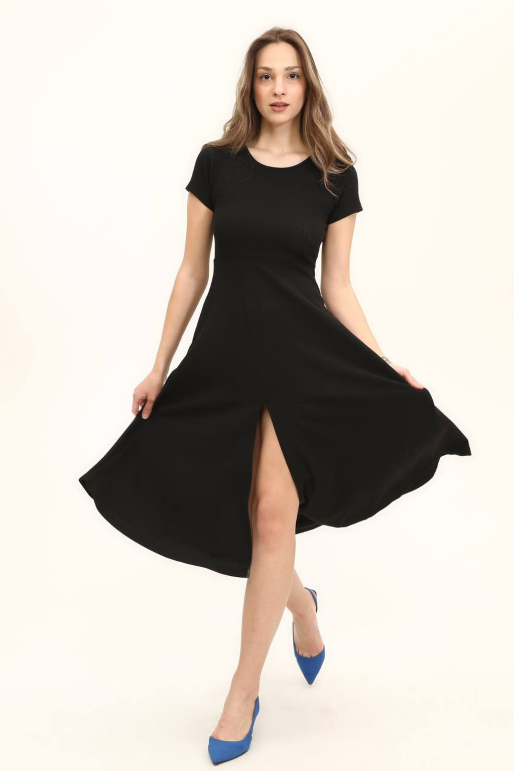 Kadın Renkli Belden Oturma Eteği Yırtmaçlı Salaş Elbise