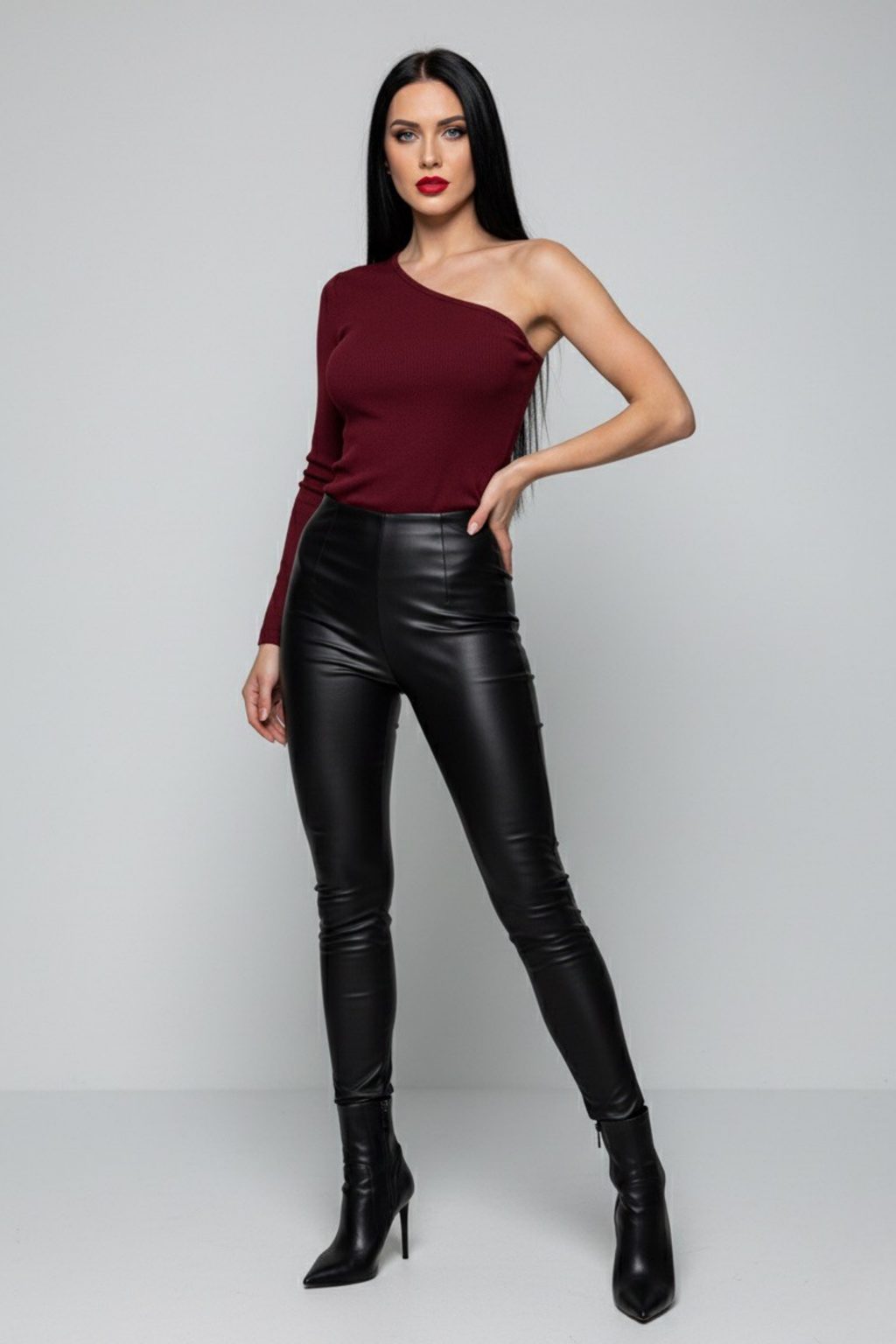 Bordo Tek Omuz Uzun Kollu Kaşkorse Kadın Bluz