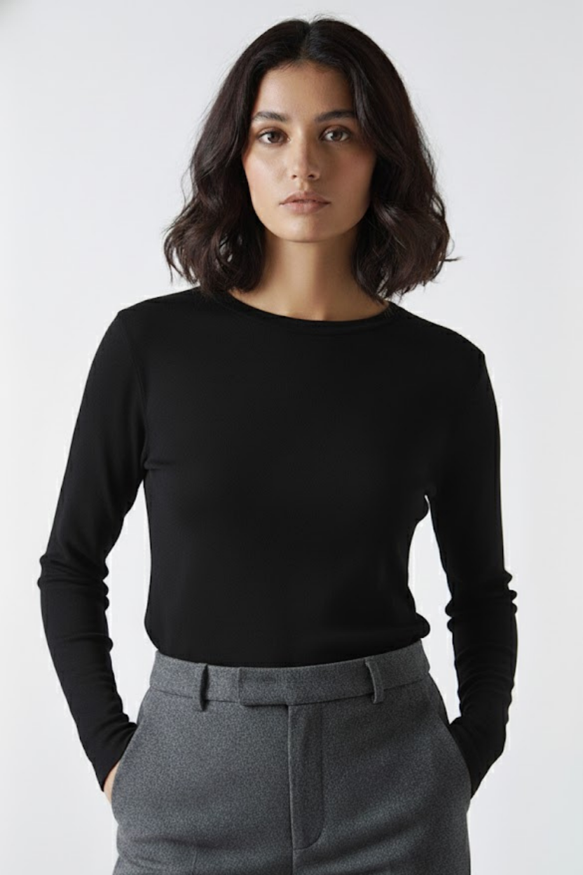 Bisiklet Yaka Parmak Geçmeli Viskon Body - Siyah