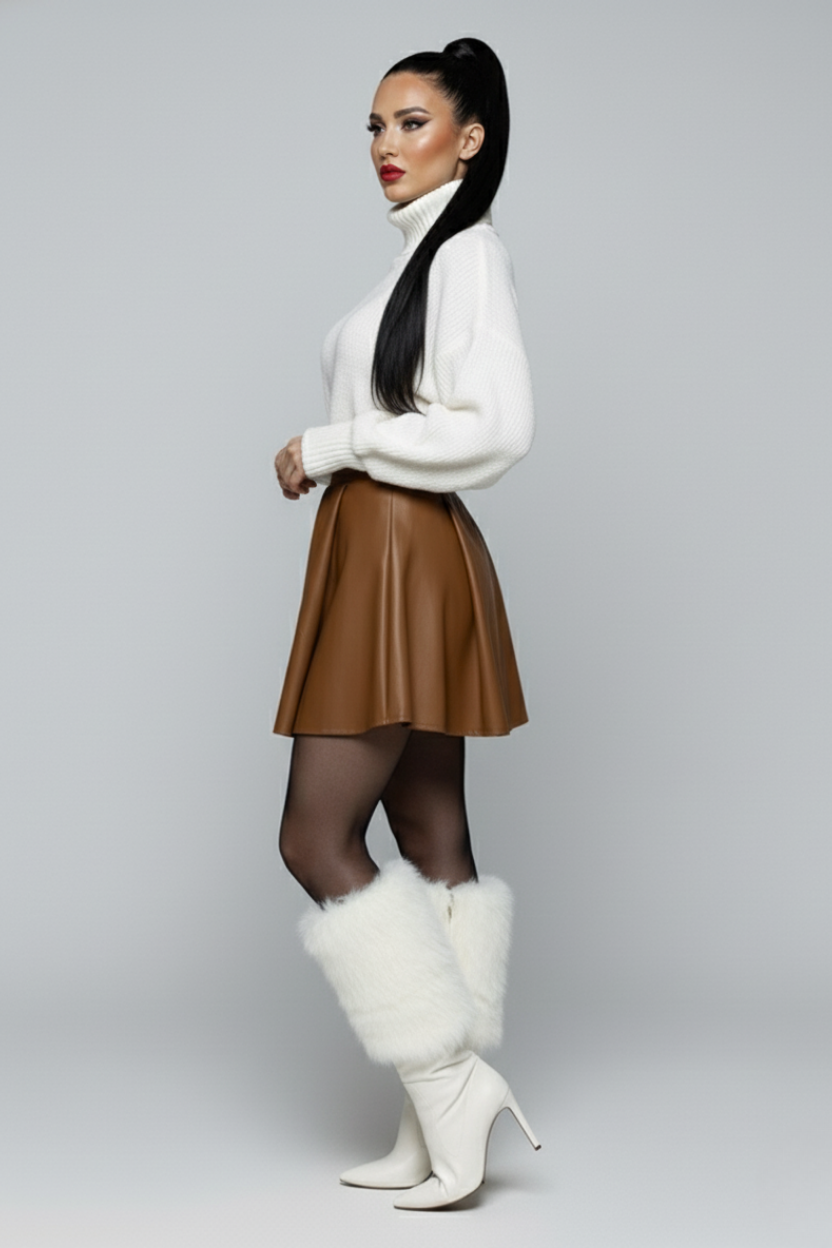 Kadın Taba Deri Pileli Etek