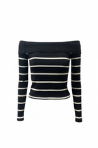 Kadın Siyah - Beyaz Çizgili Madonna Yaka Bluz