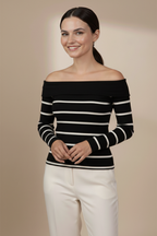 Kadın Siyah - Beyaz Çizgili Madonna Yaka Bluz