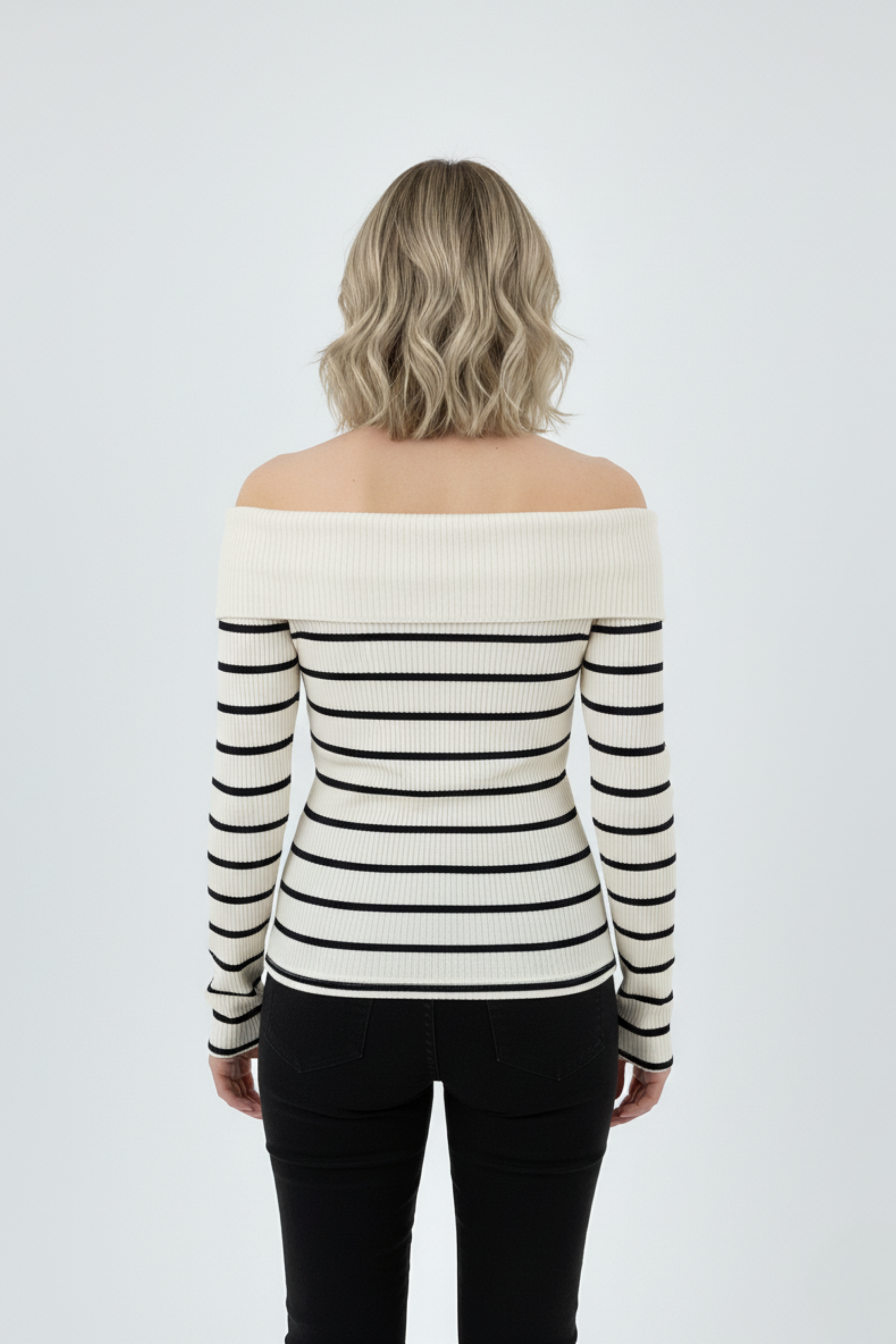 Kadın Çizgili Madonna Yaka Kaşkorse Beyaz Kazak