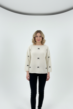 Kadın Kurdeleli Ajurlu Triko Beyaz Kazak