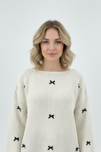 Kadın Kurdeleli Ajurlu Triko Beyaz Kazak