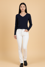 Kadın V Yaka Lacivert Viskon Bluz