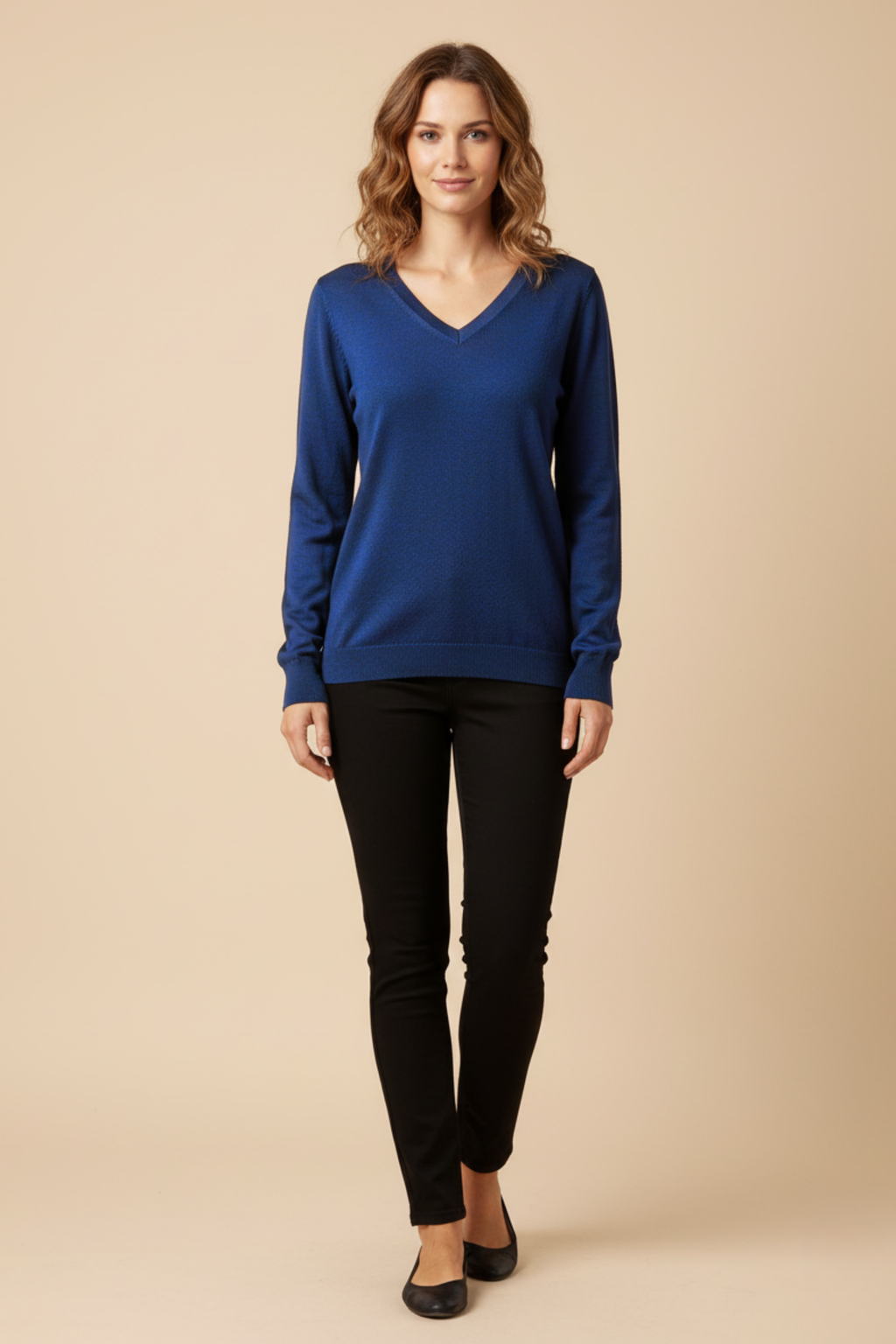 Kadın V Yaka Mavi Triko Kazak