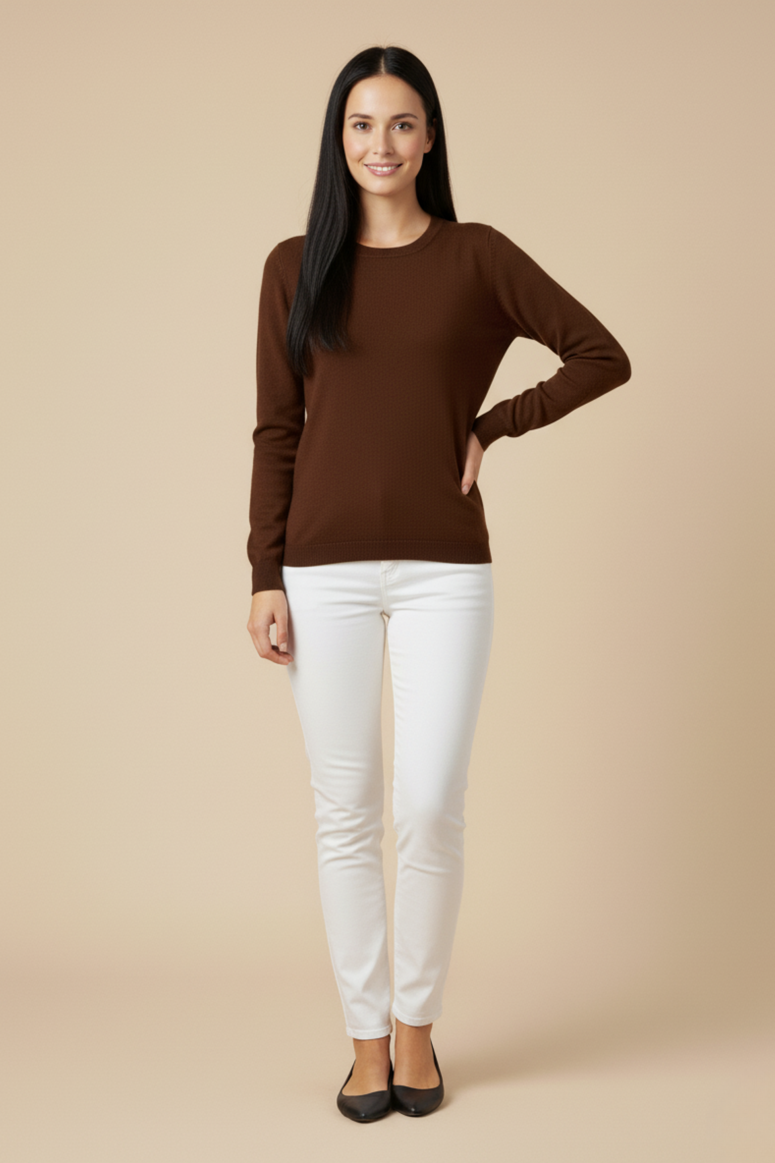 Kadın Kahverengi Triko Yuvarlak Yaka Kazak