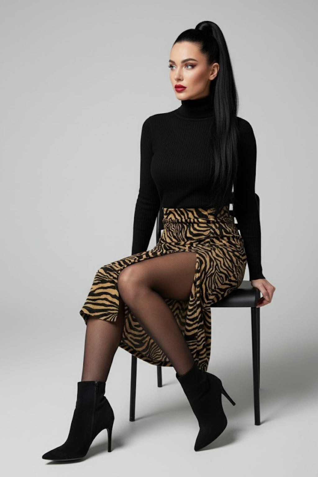 Kadın Yırtmaçlı Kahverengi Zebra Desen Midi Boy Etek