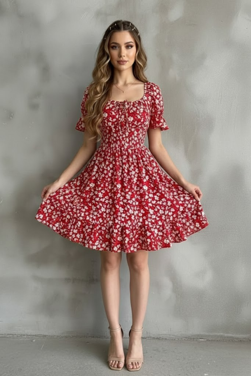 Kayık Yaka Gipeli Bürümcük Mini Elbise – Kırmızı