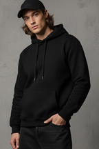 Unisex Kışlık Siyah Üç İplik Şardonlu Pamuklu Kalın Basic Kapüşonlu Hoodie Sweatshirt