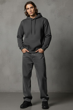 Unisex Kışlık Antrasit Gri Üç İplik Şardonlu Pamuklu Kalın Basic Kapüşonlu Hoodie Sweatshirt