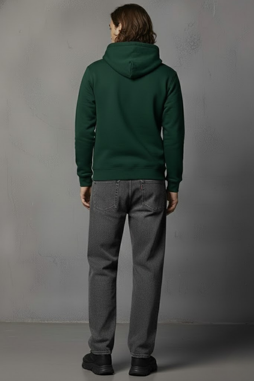 Unisex Kışlık Koyu Yeşil Üç İplik Şardonlu Pamuklu Kalın Basic Kapüşonlu Hoodie Sweatshirt