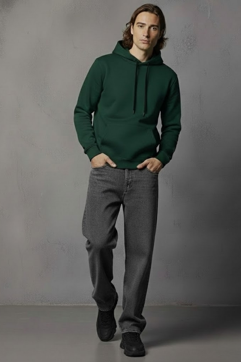 Unisex Kışlık Koyu Yeşil Üç İplik Şardonlu Pamuklu Kalın Basic Kapüşonlu Hoodie Sweatshirt