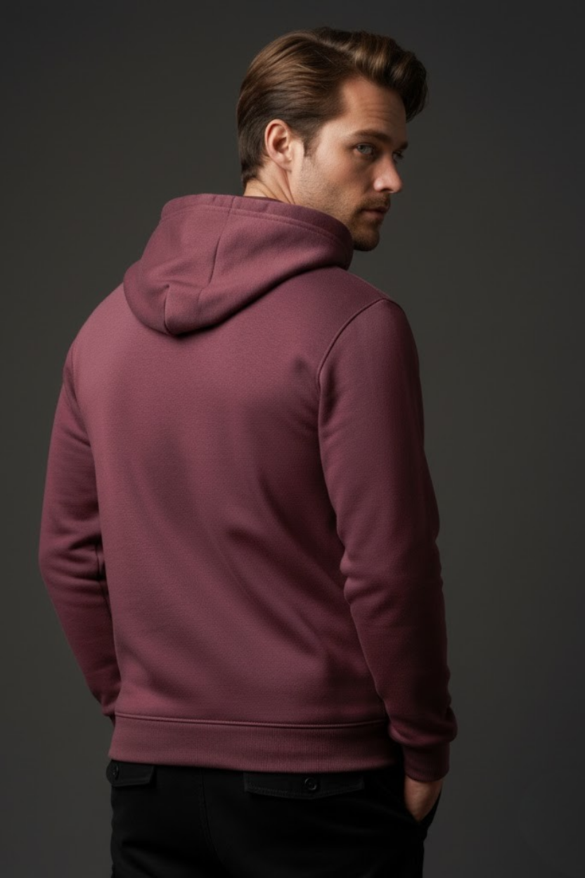 Unisex Kışlık Mürdüm Rengi Üç İplik Şardonlu Pamuklu Kalın Kapüşonlu Hoodie Sweatshirt