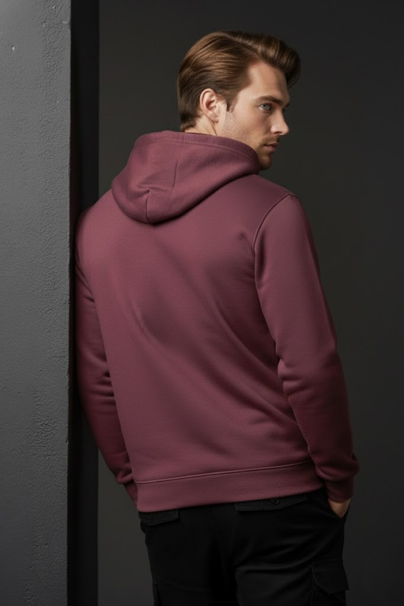 Unisex Kışlık Mürdüm Rengi Üç İplik Şardonlu Pamuklu Kalın Kapüşonlu Hoodie Sweatshirt