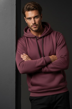 Unisex Kışlık Mürdüm Rengi Üç İplik Şardonlu Pamuklu Kalın Kapüşonlu Hoodie Sweatshirt