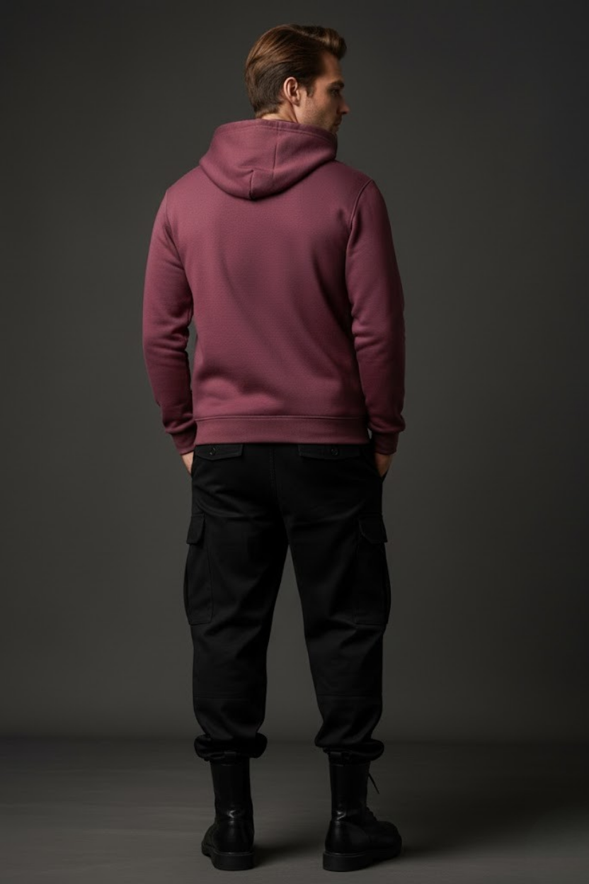 Unisex Kışlık Mürdüm Rengi Üç İplik Şardonlu Pamuklu Kalın Kapüşonlu Hoodie Sweatshirt