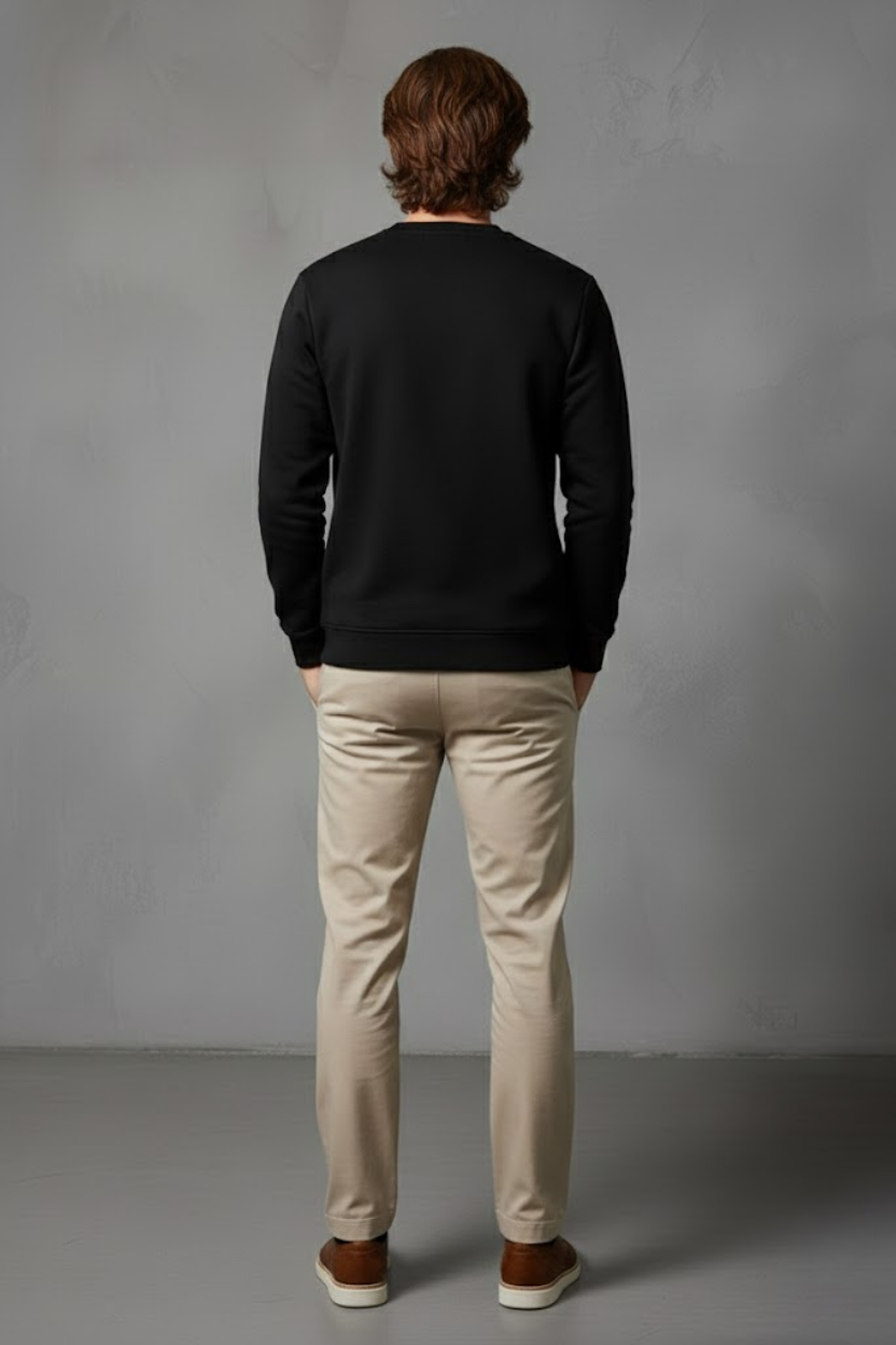 Unisex Kışlık Siyah Üç İplik Şardonlu Kalın Bisiklet Yaka Basic Sweatshirt