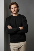 Unisex Kışlık Siyah Üç İplik Şardonlu Kalın Bisiklet Yaka Basic Sweatshirt