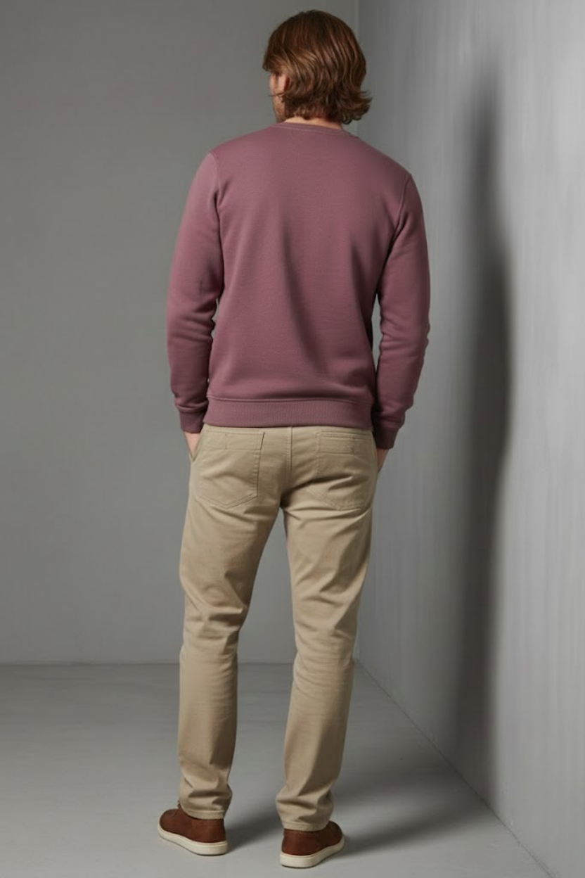 Unisex Kışlık Mürdüm Rengi Üç İplik Şardonlu Kalın Bisiklet Yaka Sweatshirt