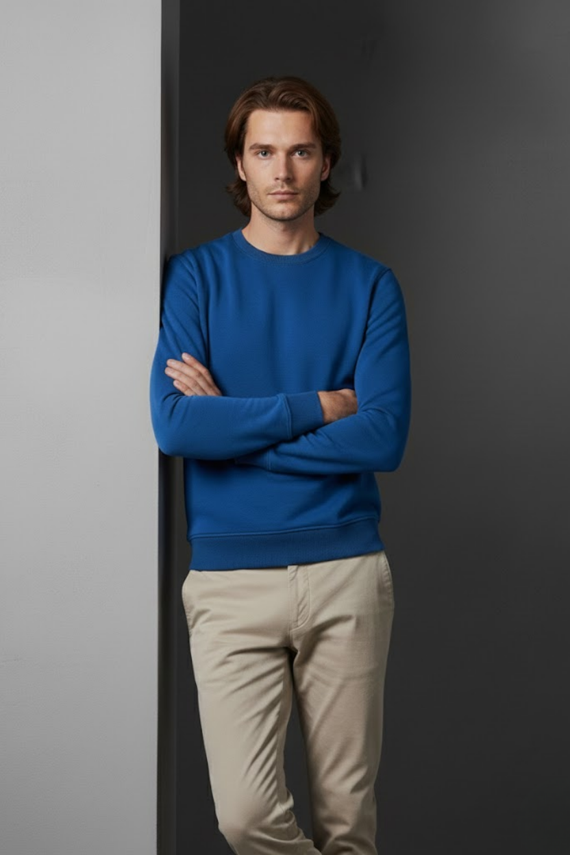 Unisex Kışlık Saks Mavi Üç İplik Şardonlu Kalın Bisiklet Yaka Basic Sweatshirt