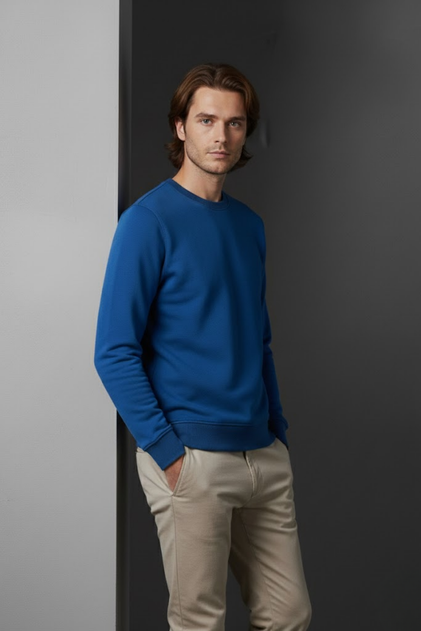 Unisex Kışlık Saks Mavi Üç İplik Şardonlu Kalın Bisiklet Yaka Basic Sweatshirt