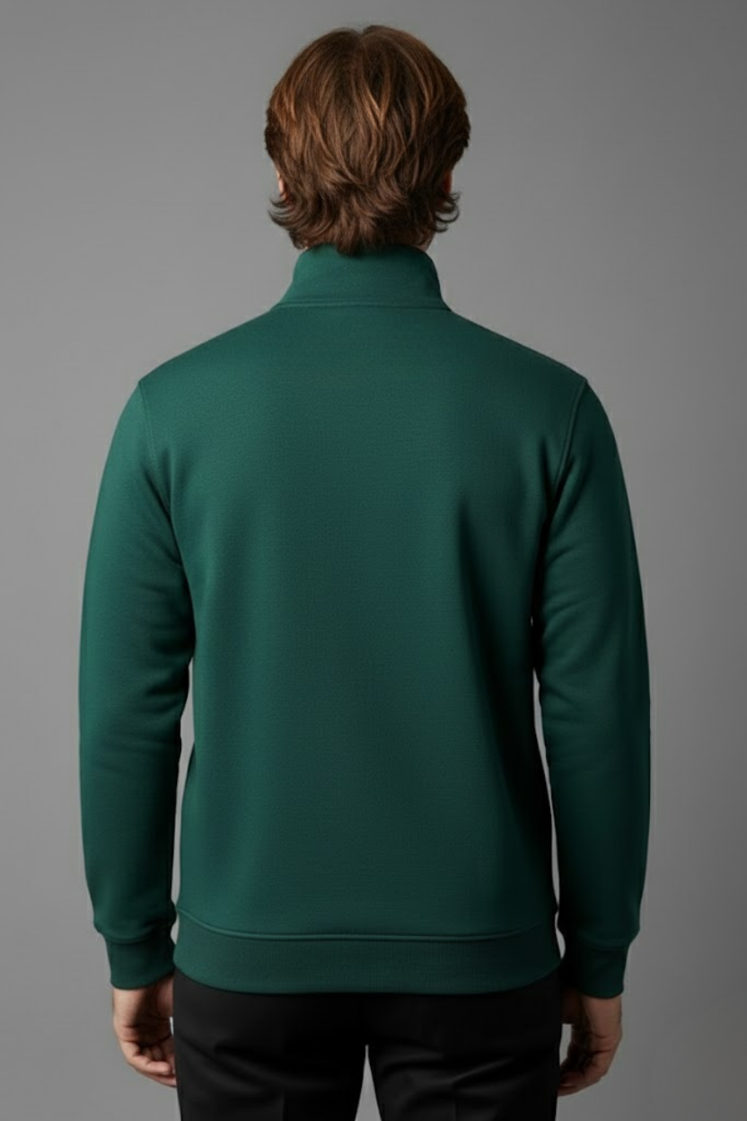 Unisex Kışlık Koyu Yeşil Yarım Fermuarlı Dik Yaka 2 İplik Basic Sweatshirt
