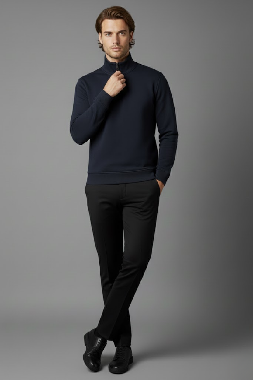 Unisex Kışlık Lacivert Yarım Fermuarlı Dik Yaka 2 İplik Basic Sweatshirt