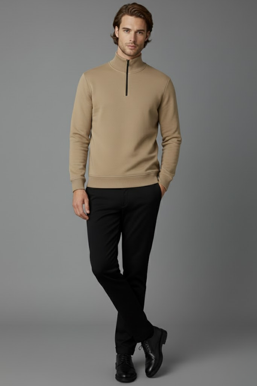 Unisex Kışlık Açık Kahve Yarım Fermuarlı Dik Yaka 2 İplik Basic Sweatshirt