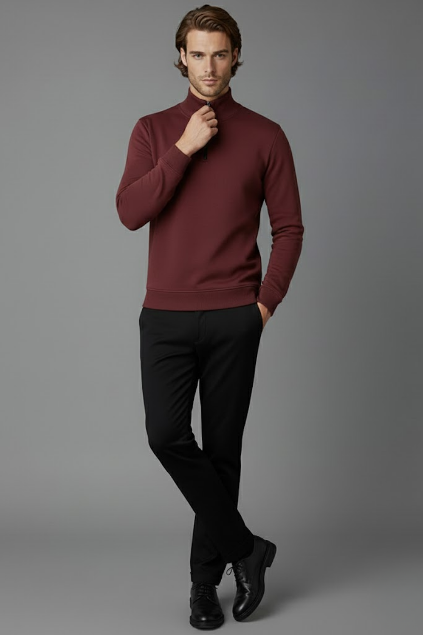 Unisex Kışlık Bordo Yarım Fermuarlı Dik Yaka 2 İplik Basic Sweatshirt