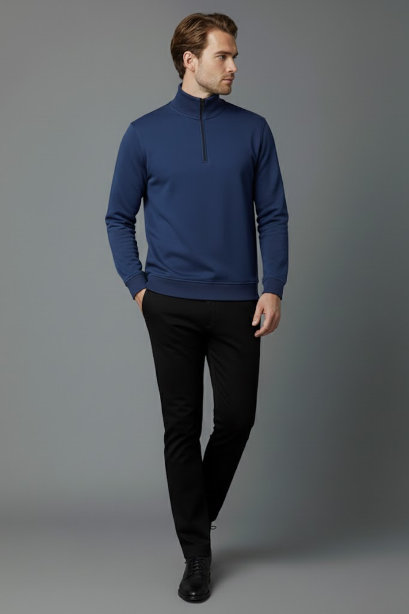 Unisex Kışlık Mavi Yarım Fermuarlı Dik Yaka 2 İplik Basic Sweatshirt